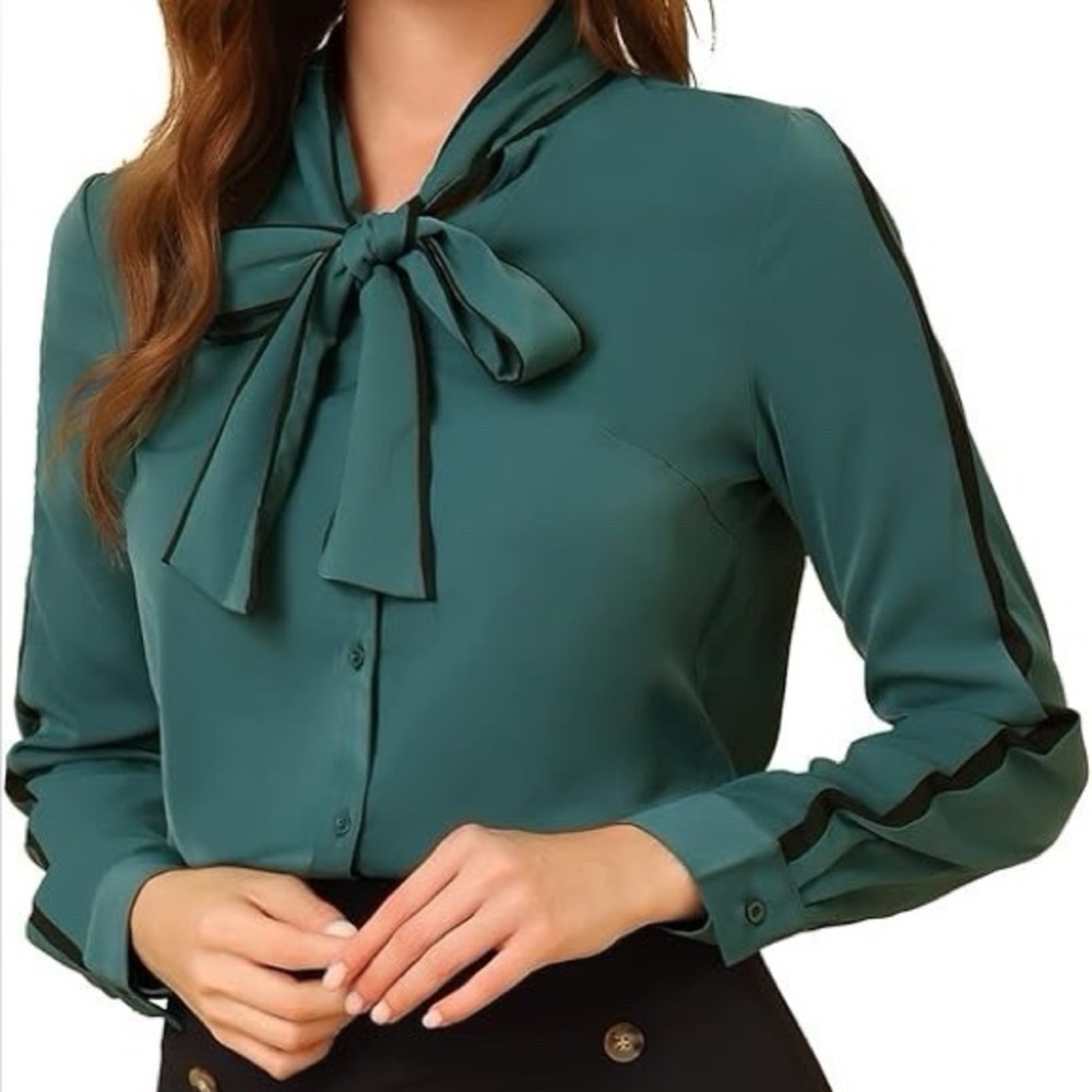 Allegra K Green High Neck Tie Blouse With Bow Accent, M